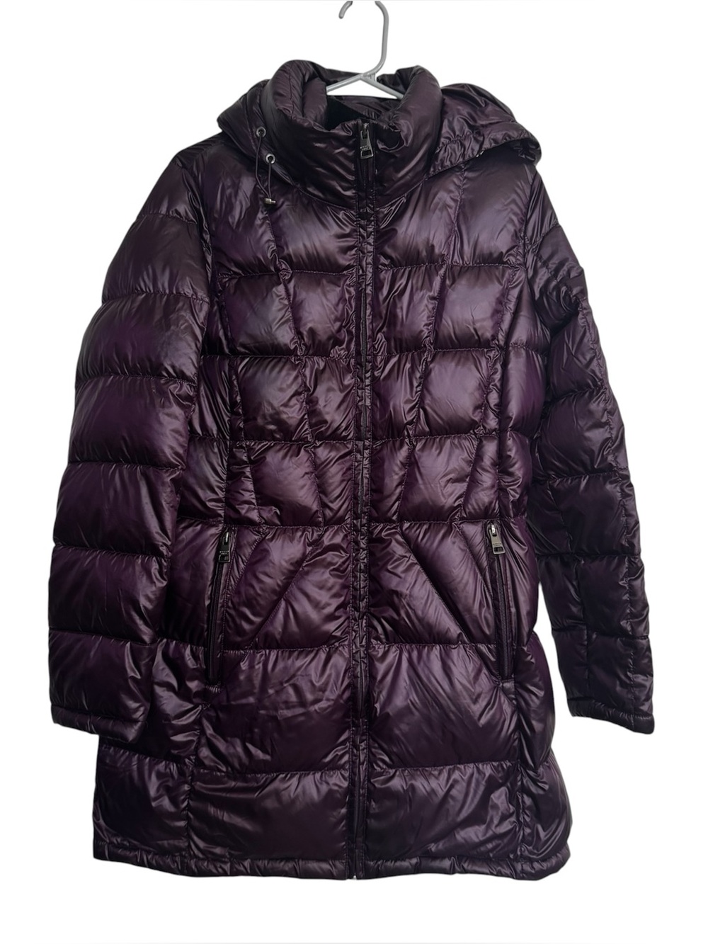 Andrew Marc Packable Premium Down Jacket Size M Purple Hooded Full Zip Long